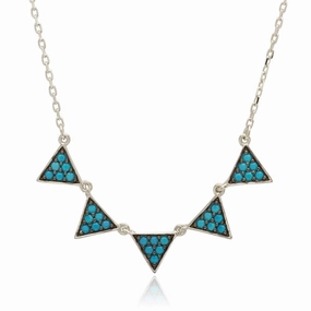 Rhodium Plated 925 Sterling Silver 5 Triangles with Turquoise Bead Necklace - BGP01210
