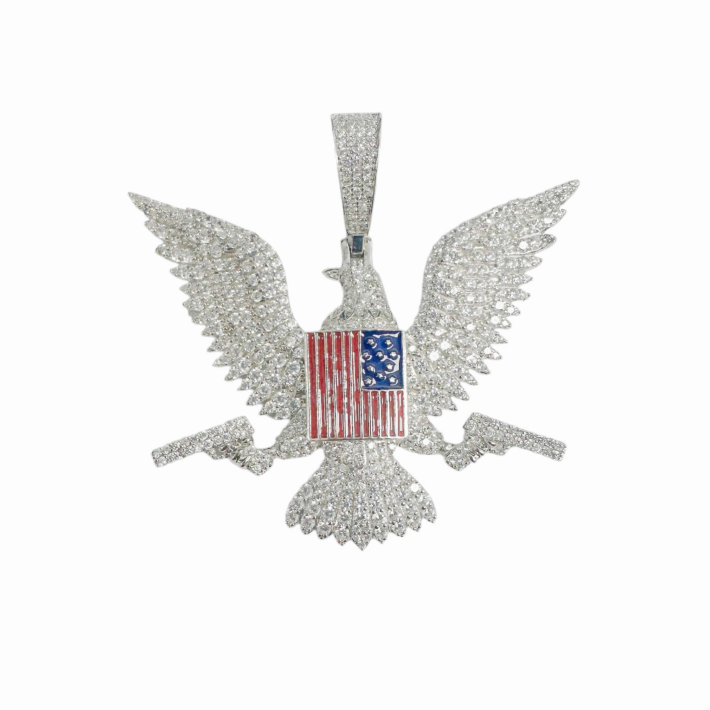 Rhodium Plated 925 Sterling Silver American Eagle Flag Gun Clear CZ Pendant - SLP00400