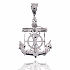 Rhodium Plated 925 Sterling Silver Anchor Crucifix Nautical 16mm x 21mm Pendant - SLP00475