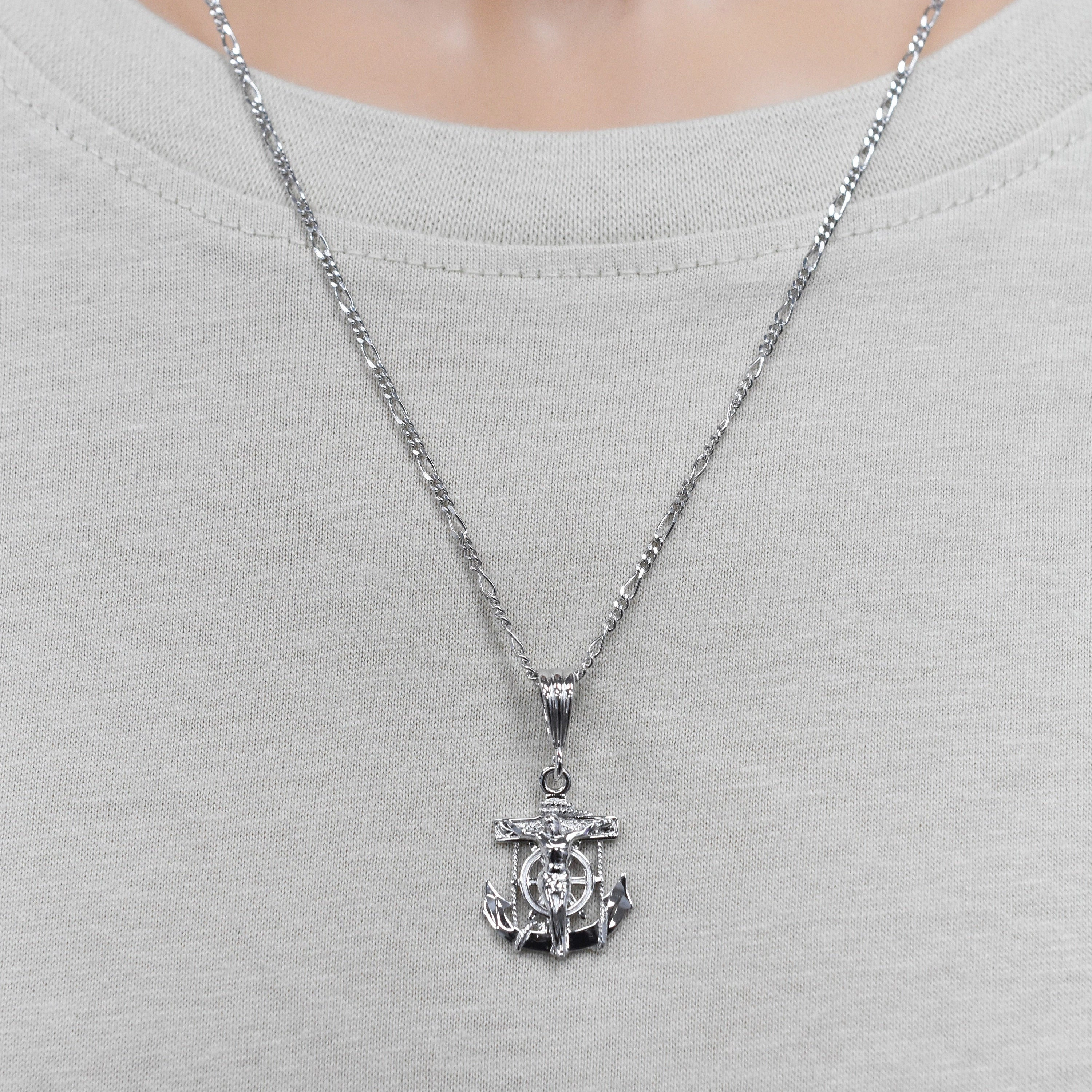 Rhodium Plated 925 Sterling Silver Anchor Crucifix Nautical 16mm x 21mm Pendant - SLP00475
