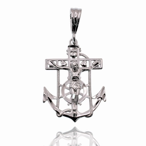 Rhodium Plated 925 Sterling Silver Anchor Crucifix Nautical 17mm x 24mm Pendant - SLP00473