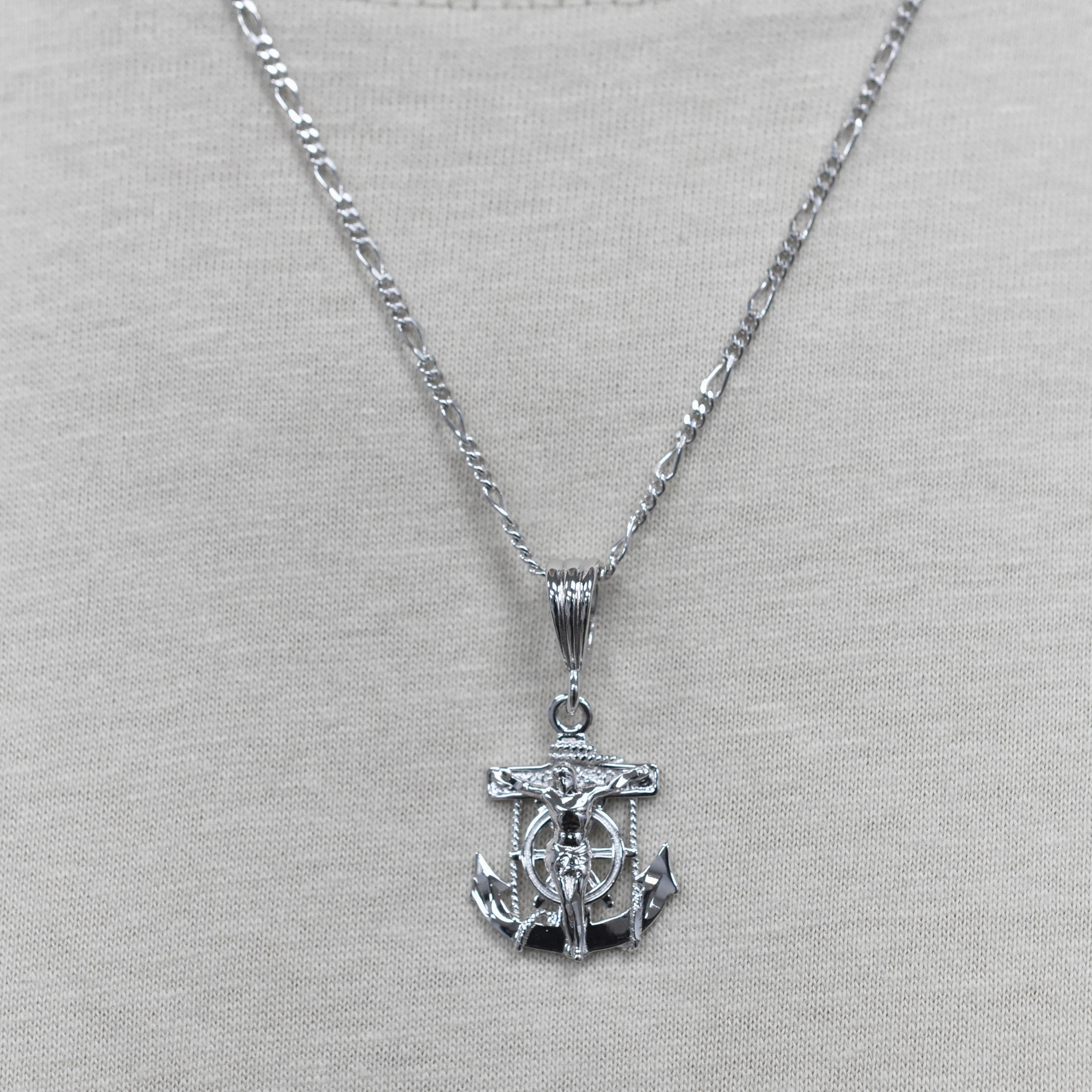 Rhodium Plated 925 Sterling Silver Anchor Crucifix Nautical 17mm x 24mm Pendant - SLP00473