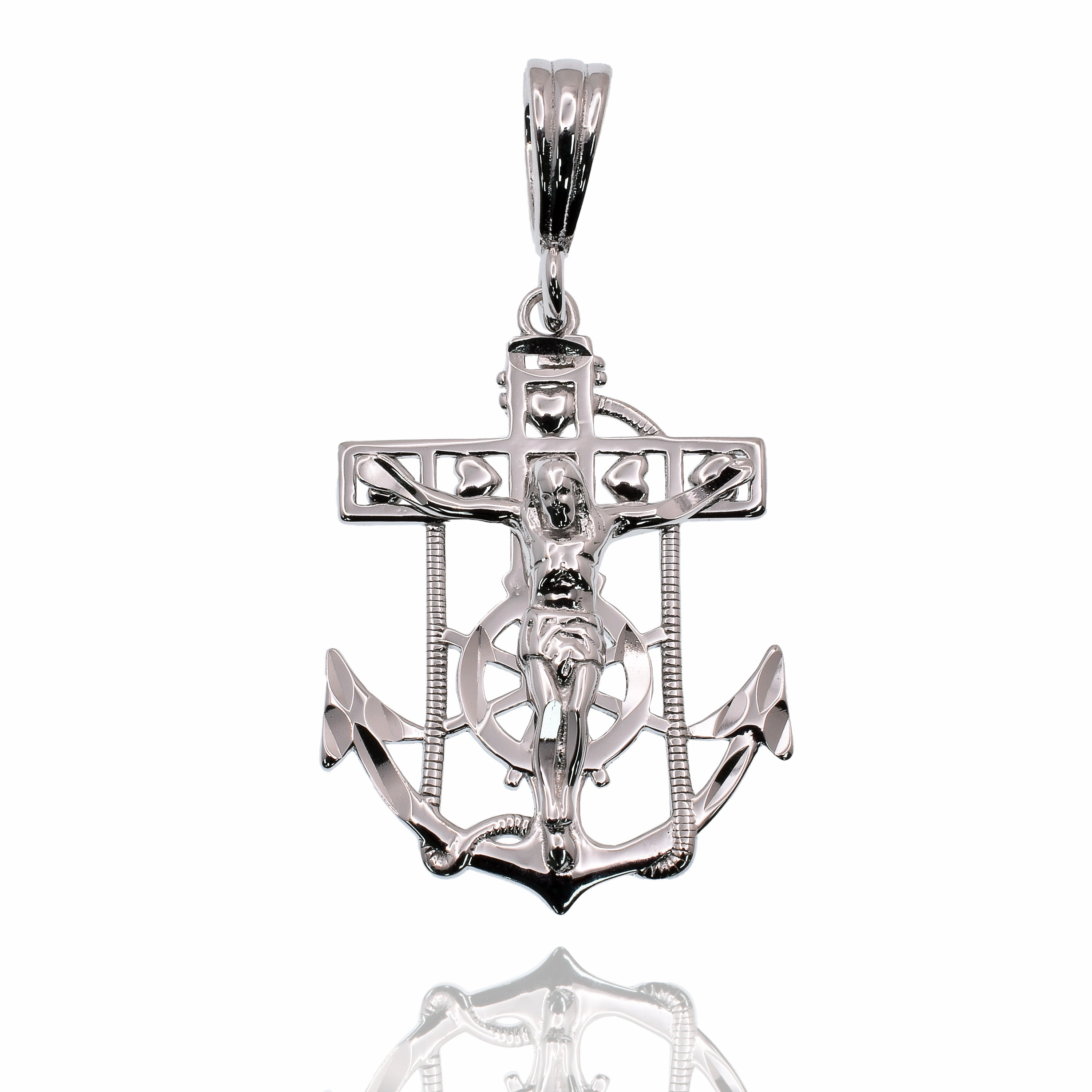 Rhodium Plated 925 Sterling Silver Anchor Crucifix Nautical 17mm x 24mm Pendant - SLP00473