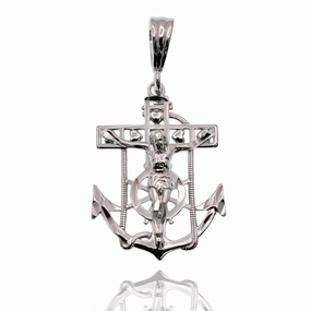 Rhodium Plated 925 Sterling Silver Anchor Crucifix Nautical 20mm x 28mm Pendant - SLP00474