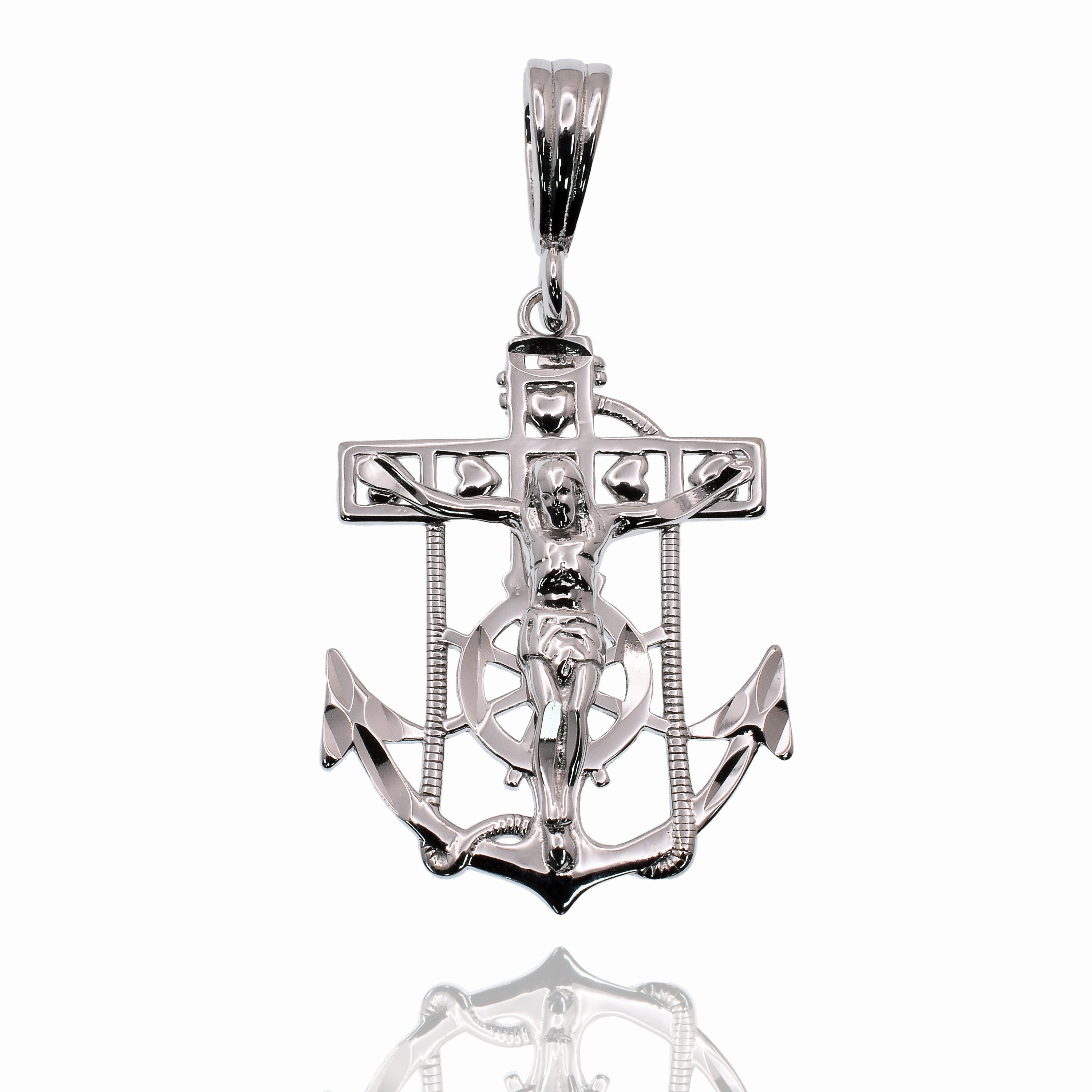 Rhodium Plated 925 Sterling Silver Anchor Crucifix Nautical 20mm x 28mm Pendant - SLP00474
