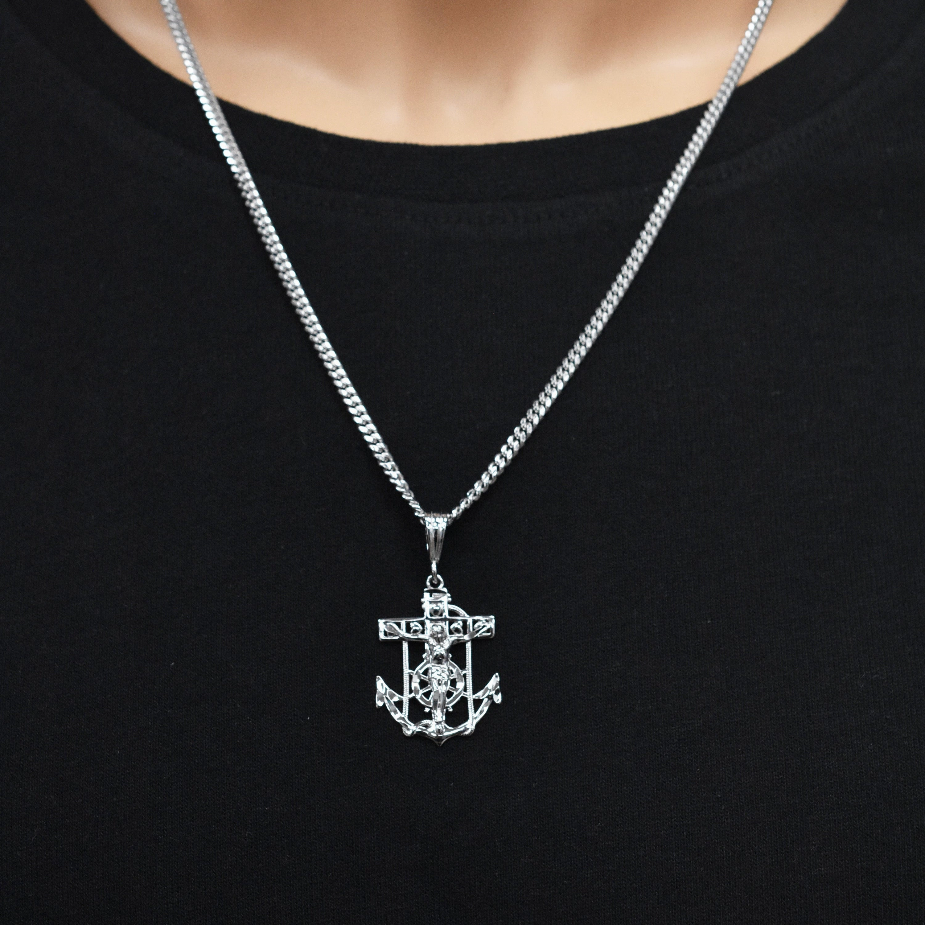 Rhodium Plated 925 Sterling Silver Anchor Crucifix Nautical 20mm x 28mm Pendant - SLP00474