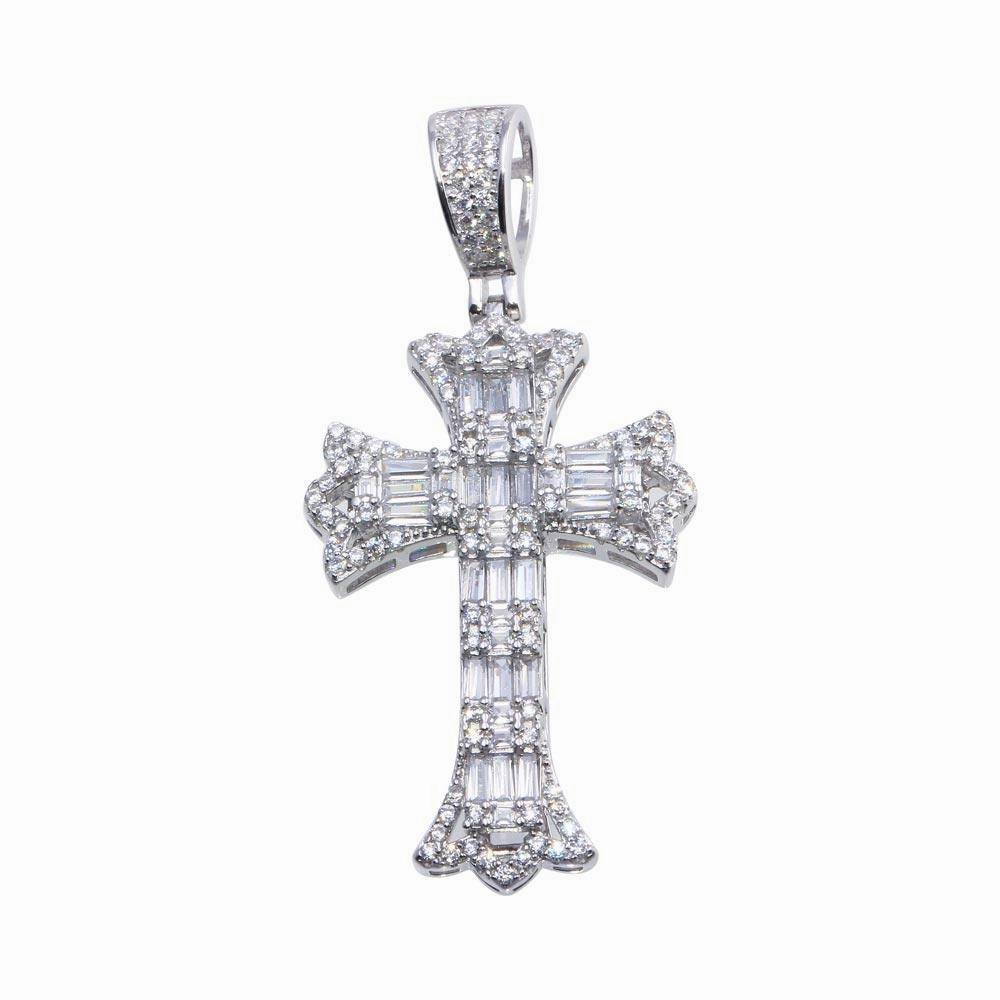 Rhodium Plated 925 Sterling Silver Baguette CZ Cross Hip Hop Pendant - SLP00104