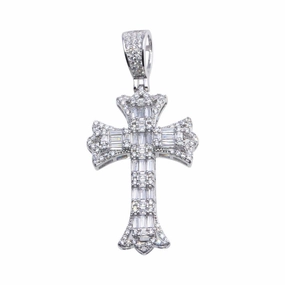 Rhodium Plated 925 Sterling Silver Baguette CZ Cross Hip Hop Pendant - SLP00104