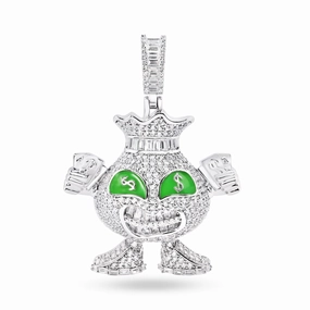 Rhodium Plated 925 Sterling Silver Cash GReedy Character Clear CZ Green Enamel Pendant - SLP00415
