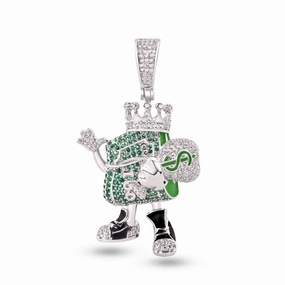 Rhodium Plated 925 Sterling Silver Cash King Money Bag Clear and Green CZ Pendant - SLP00394