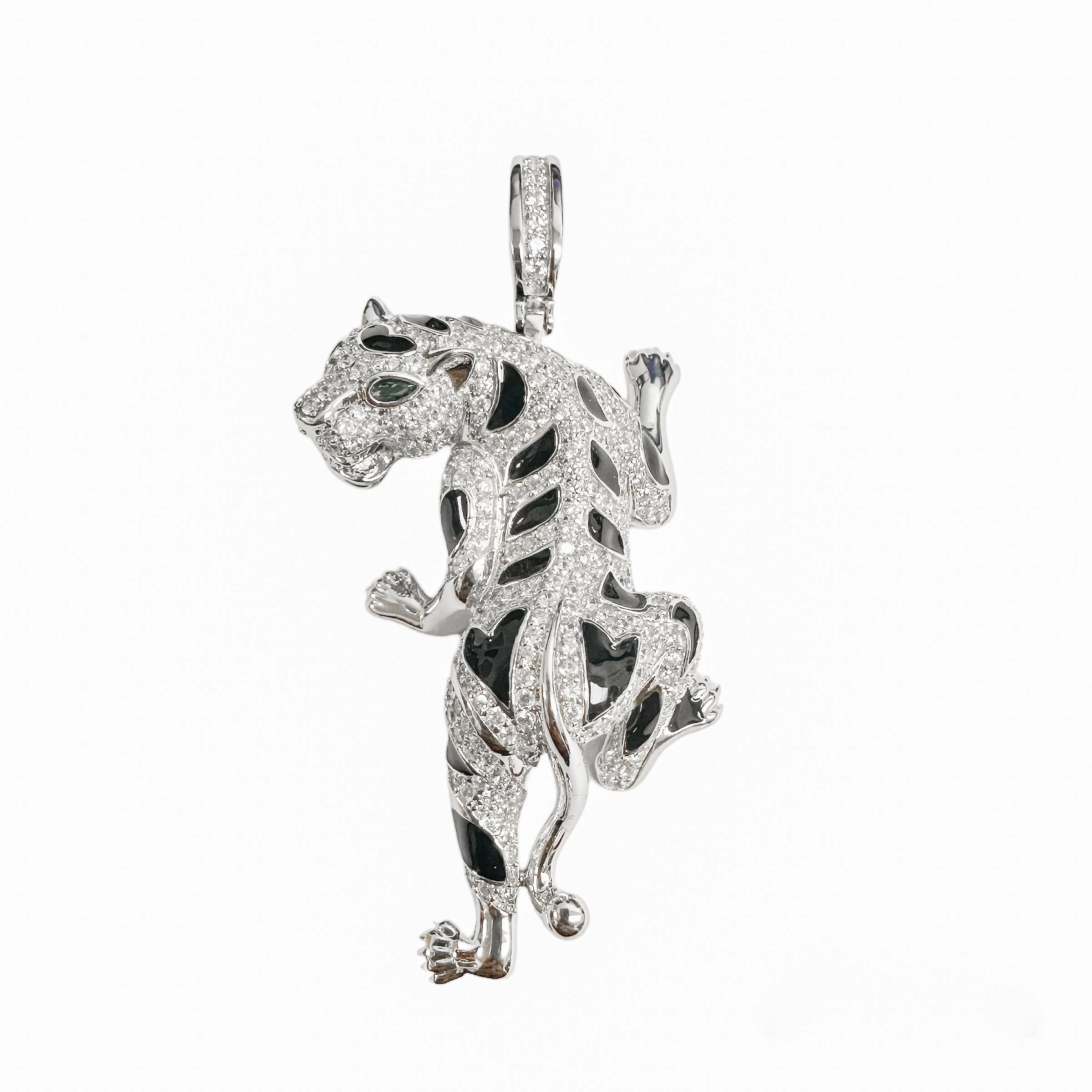 Rhodium Plated 925 Sterling Silver Cheetah Clear CZ Black Enamel Pendant - SLP00368