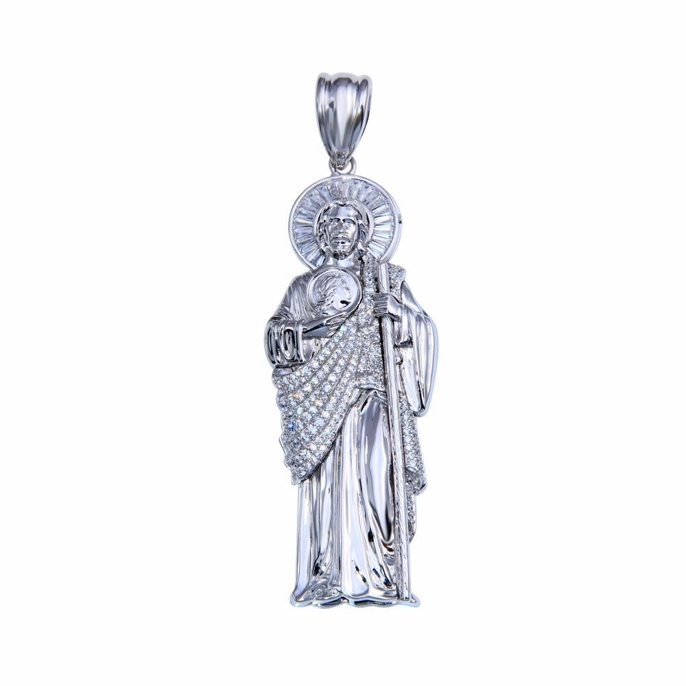 Rhodium Plated 925 Sterling Silver Clear CZ St Jude Pendant 41mm - GMP00082