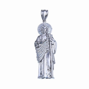 Rhodium Plated 925 Sterling Silver Clear CZ St Jude Pendant 41mm - GMP00082