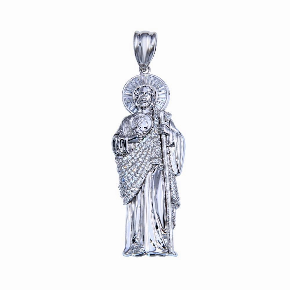 Rhodium Plated 925 Sterling Silver Clear CZ St Jude Pendant 61mm - GMP00084