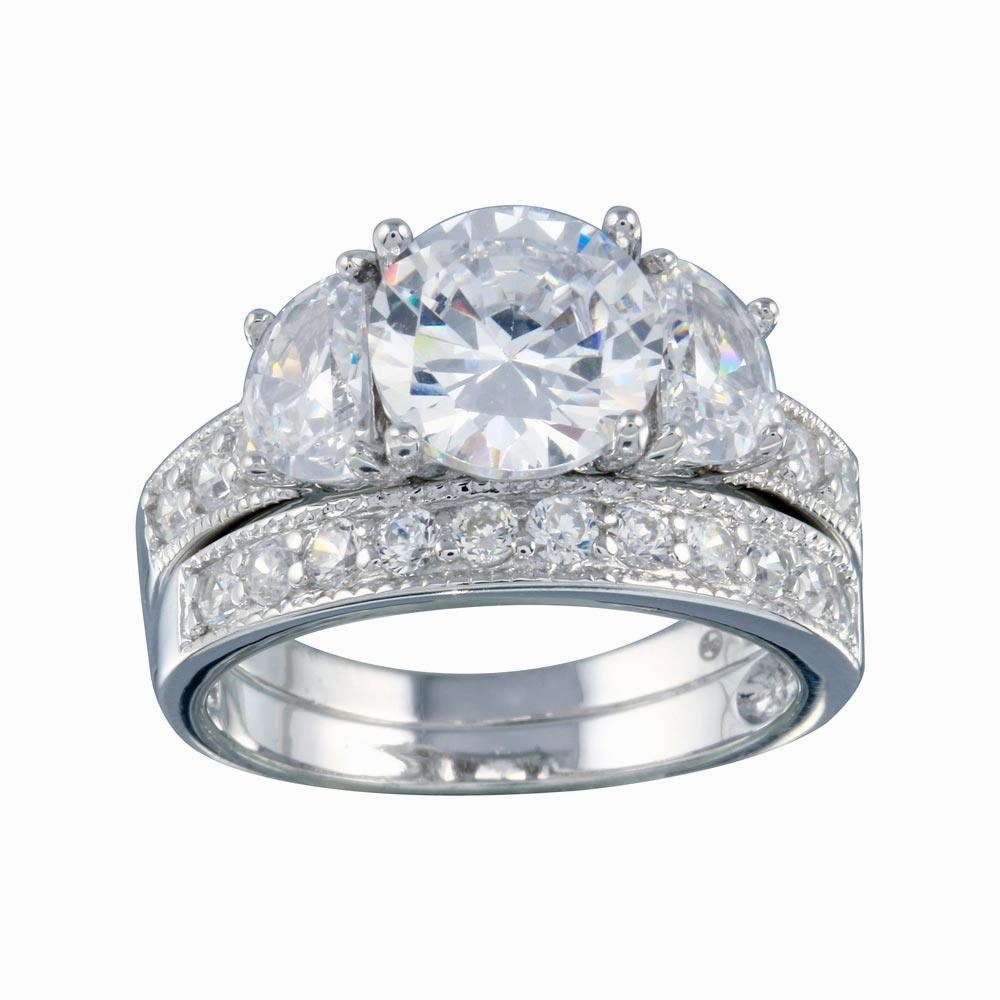 Rhodium Plated 925 Sterling Silver Clear Round Center CZ Bridal Ring Set - BGR00069