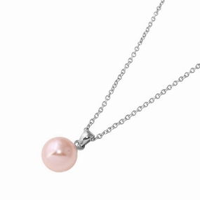 Rhodium Plated 925 Sterling Silver Collar with Dropped Synthetic Pink Pearl Necklace - STP01582RH