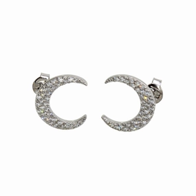 Rhodium Plated 925 Sterling Silver Crescent Moon Stud Earrings with CZ - BGE00594