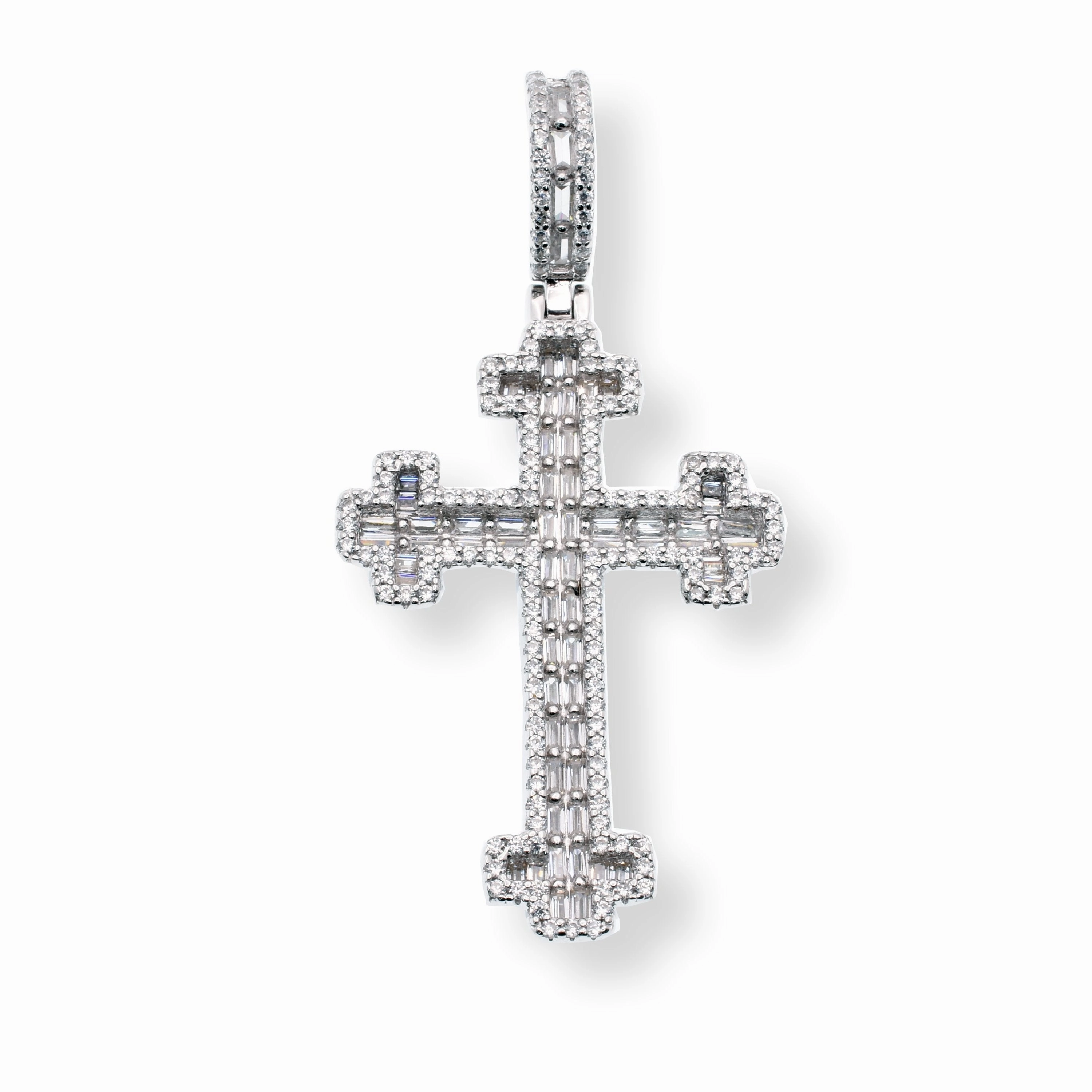 Rhodium Plated 925 Sterling Silver Cross Crosslet Baguette and Round Clear CZ 25mm x 35.8mm Pendant - SLP00446