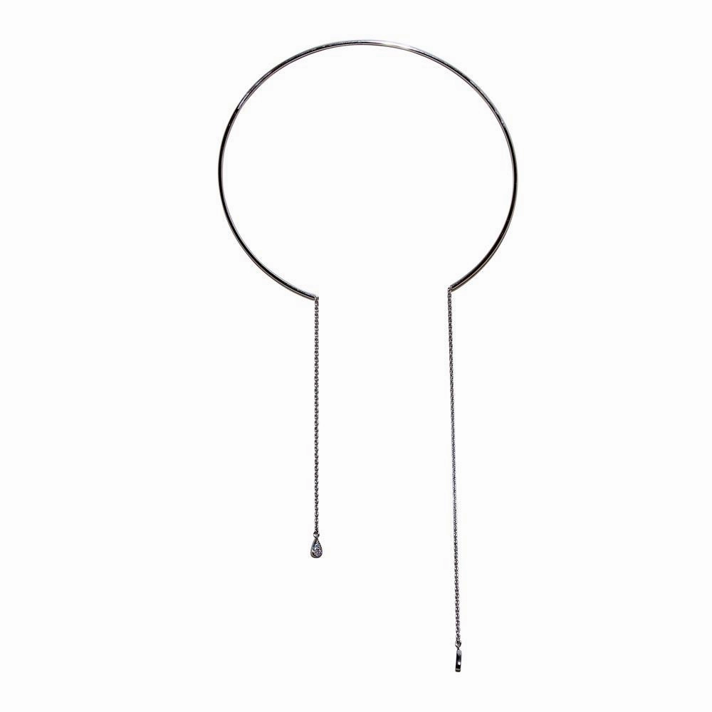 Rhodium Plated 925 Sterling Silver Cuff Wire Necklace with Asymmetrical Tear Drops - ITN00130RH