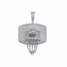 Rhodium Plated 925 Sterling Silver CZ Basketball Hoop Hip Hop Pendant - SLP00155RH