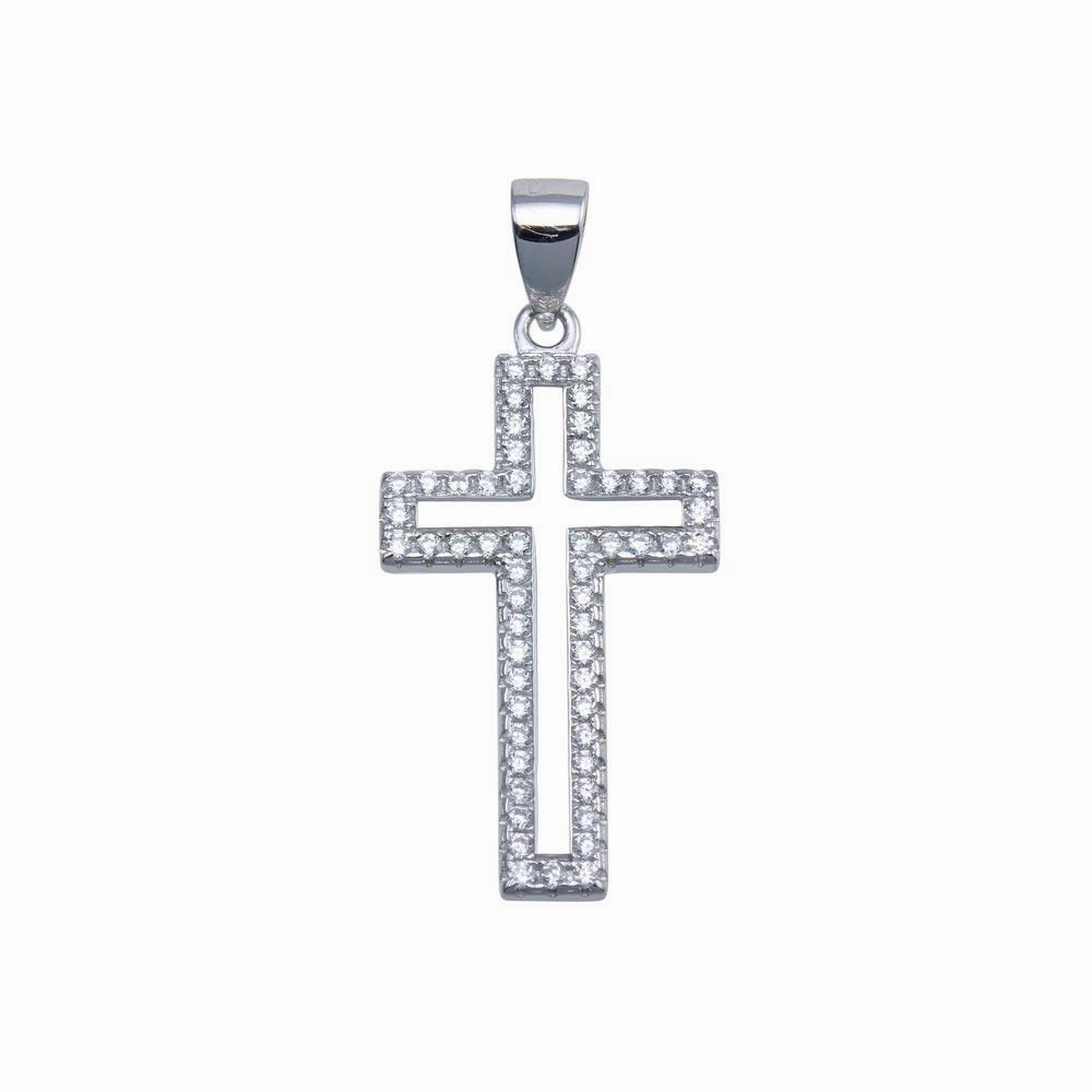 Rhodium Plated 925 Sterling Silver CZ Border Small Cross Hip Hop Pendant - SLP00096
