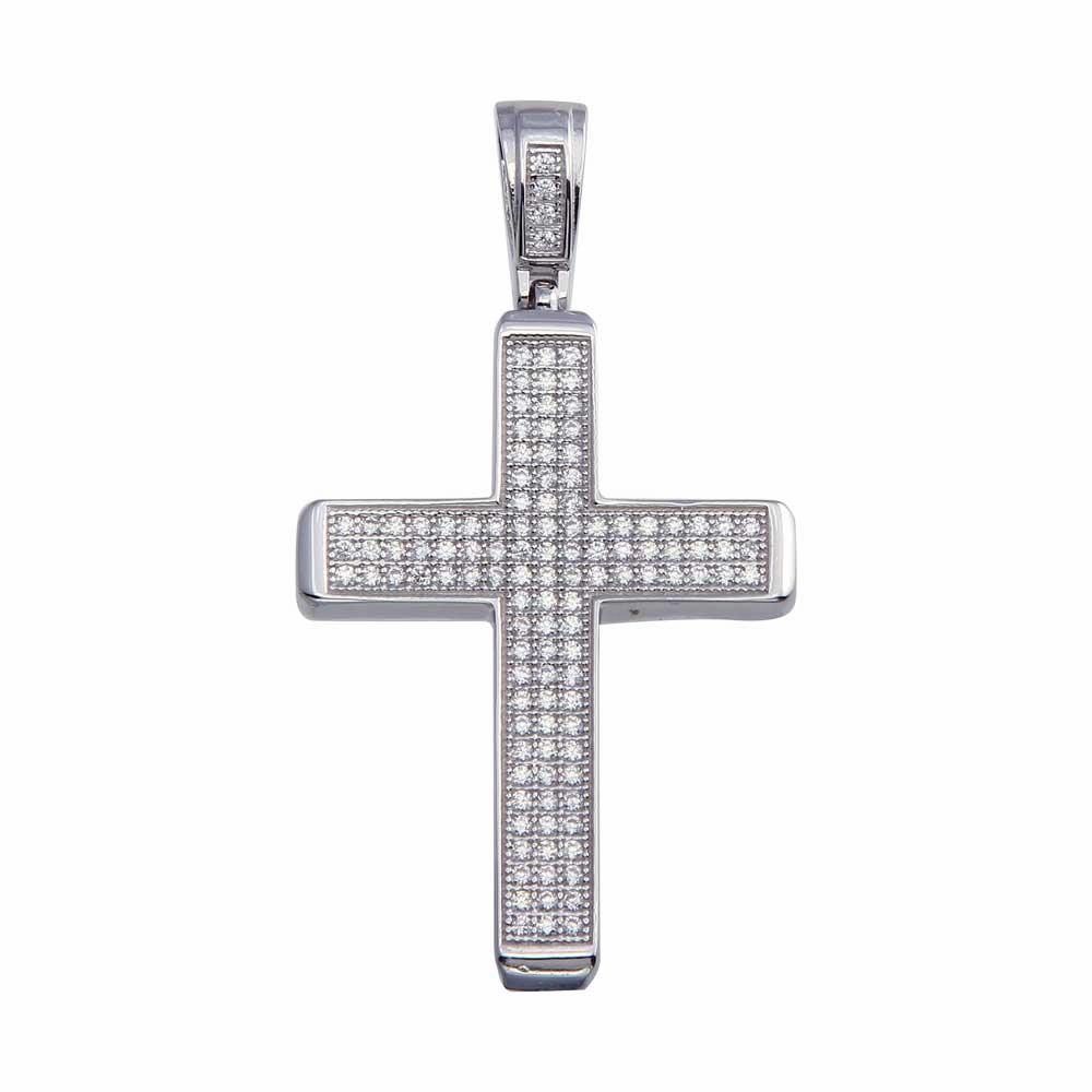 Rhodium Plated 925 Sterling Silver CZ Box Cross Hip Hop Pendant - SLP00077