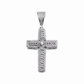 Rhodium Plated 925 Sterling Silver CZ Chain Cross Hip Hop Pendant - SLP00185