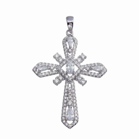 Rhodium Plated 925 Sterling Silver CZ Cross Hip Hop Pendant - SLP00078