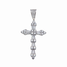 Rhodium Plated 925 Sterling Silver CZ Cross Hip Hop Pendant - SLP00158