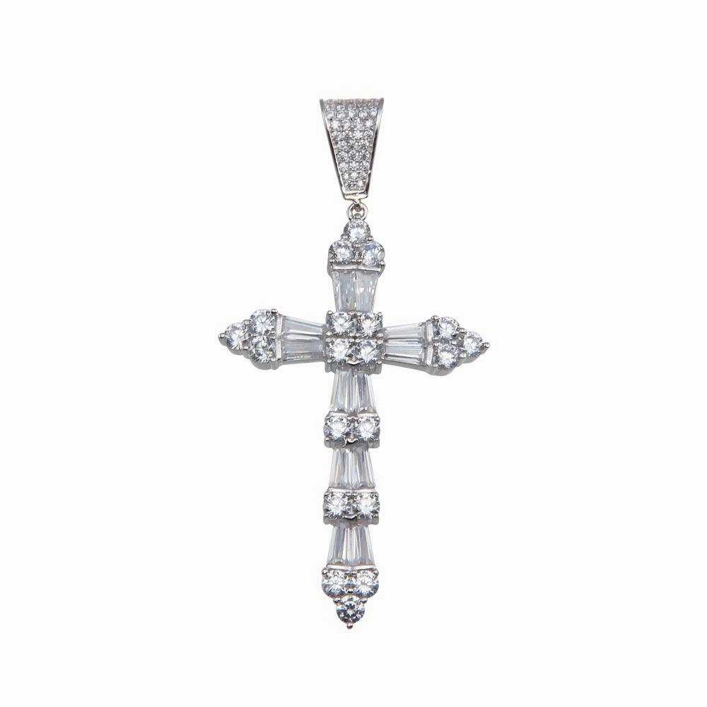 Rhodium Plated 925 Sterling Silver CZ Cross Hip Hop Pendant - SLP00158