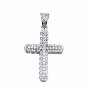 Rhodium Plated 925 Sterling Silver CZ Cross Hip Hop Pendant - SLP00177