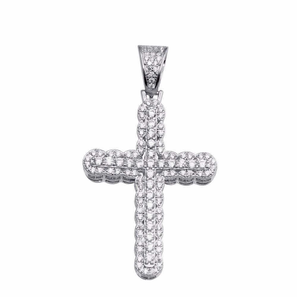 Rhodium Plated 925 Sterling Silver CZ Cross Hip Hop Pendant - SLP00177
