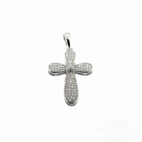 Rhodium Plated 925 Sterling Silver CZ Cross Hip Hop Pendant - SLP00190