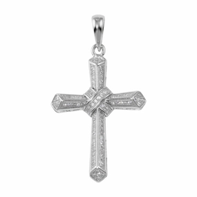Rhodium Plated 925 Sterling Silver CZ Cross Hip Hop Pendant - SLP00191