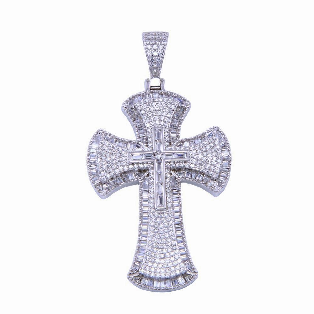Rhodium Plated 925 Sterling Silver CZ Cross Pendant - SLP00313