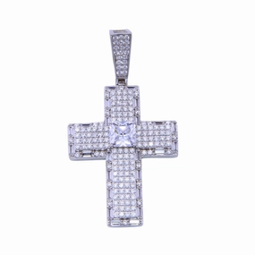 Rhodium Plated 925 Sterling Silver CZ Cross Square Center Stone Pendant - SLP00307