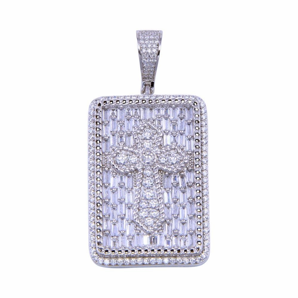 Rhodium Plated 925 Sterling Silver CZ Cross Tag Pendant - SLP00304