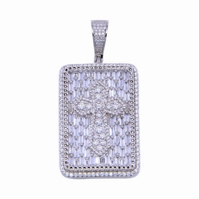 Rhodium Plated 925 Sterling Silver CZ Cross Tag Pendant - SLP00304