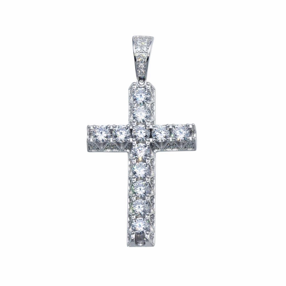 Rhodium Plated 925 Sterling Silver CZ Crown Set Cross Hip Hop Pendant - SLP00101