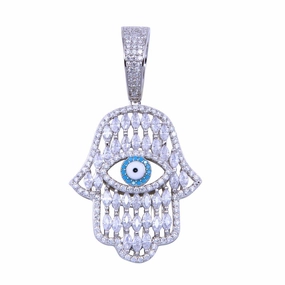 Rhodium Plated 925 Sterling Silver CZ Enamel Hamsa Hand Pendant - SLP00334