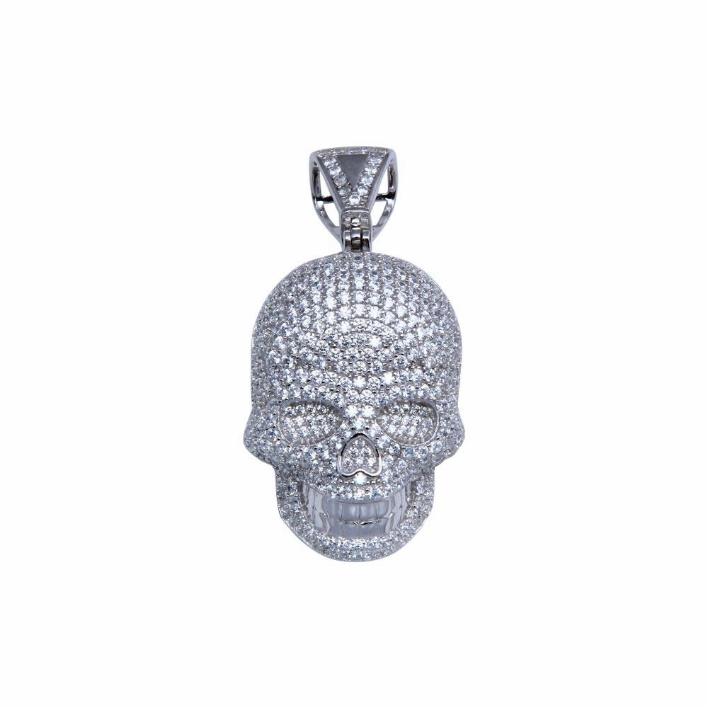 Rhodium Plated 925 Sterling Silver CZ Encrusted Skull Hip Hop Pendant - SLP00253