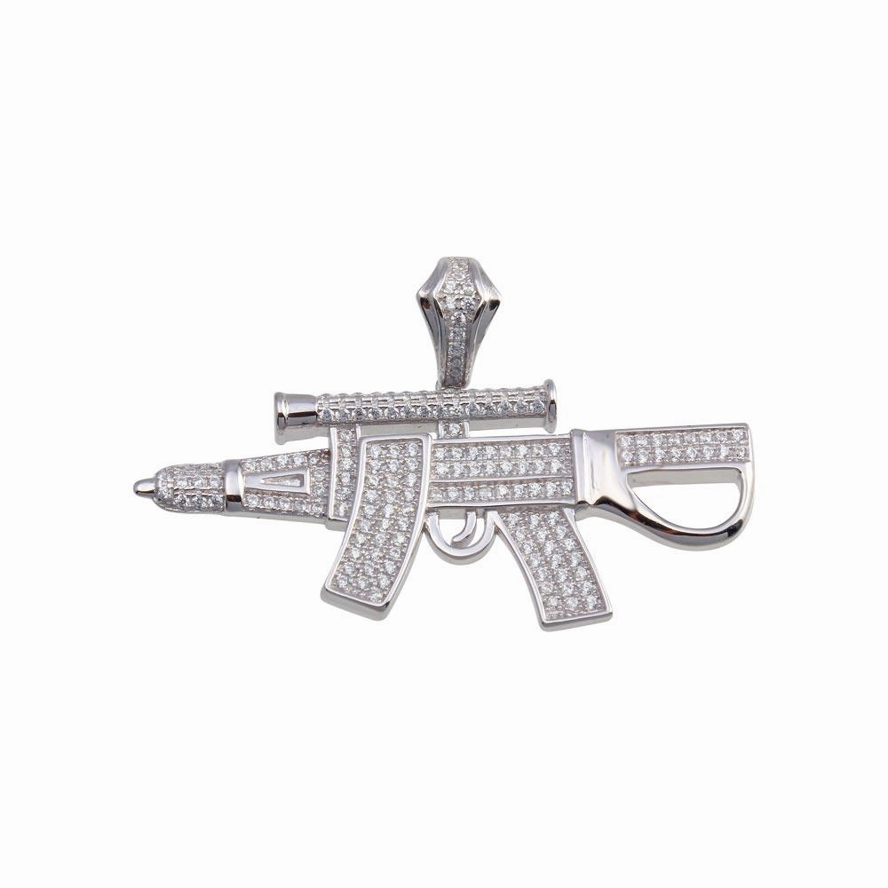 Rhodium Plated 925 Sterling Silver CZ Gun Hip Hop Pendant - SLP00198RH