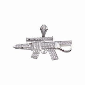 Rhodium Plated 925 Sterling Silver CZ Gun Hip Hop Pendant - SLP00198RH