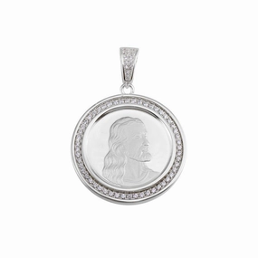 Rhodium Plated 925 Sterling Silver CZ Jesus Medallion Hip Hop Pendant - SLP00153RH