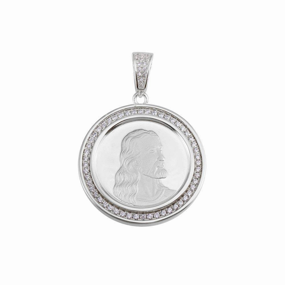 Rhodium Plated 925 Sterling Silver CZ Jesus Medallion Hip Hop Pendant - SLP00153RH