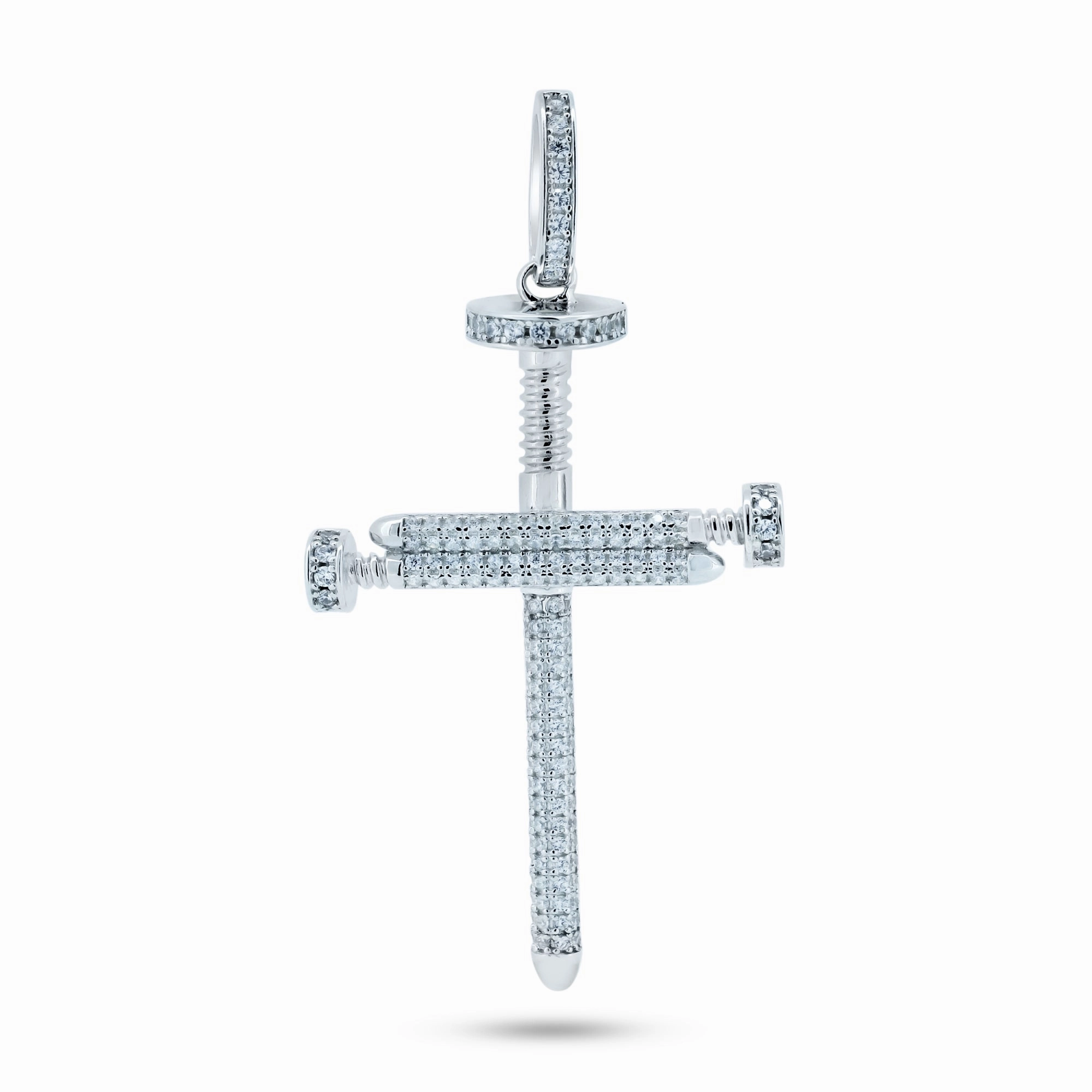 Rhodium Plated 925 Sterling Silver CZ Large Nail Cross Pendant - GMP00113
