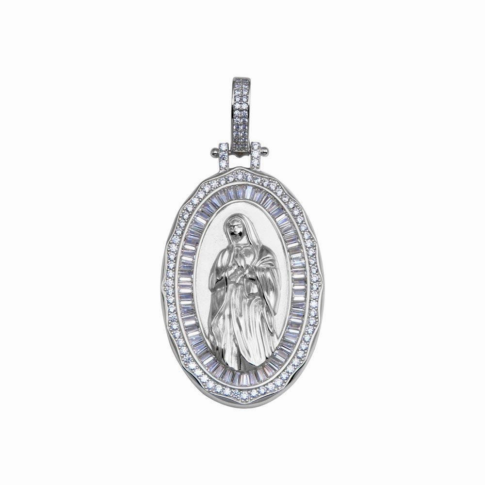 Rhodium Plated 925 Sterling Silver CZ Mary Hip Hop Pendant - SLP00280RH