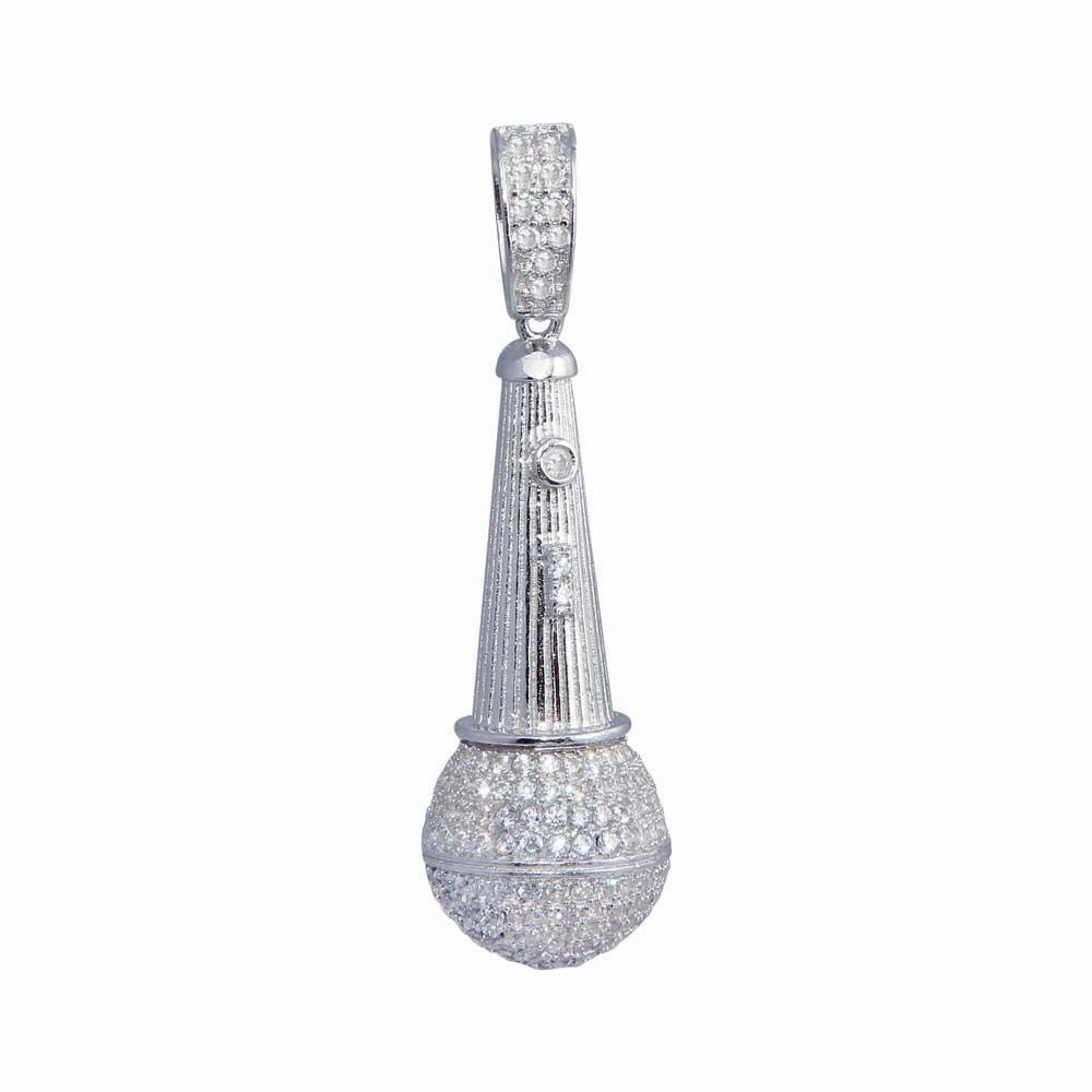 Rhodium Plated 925 Sterling Silver CZ Microphone Hip Hop Pendant - SLP00049.