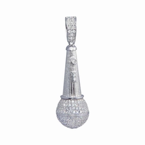 Rhodium Plated 925 Sterling Silver CZ Microphone Hip Hop Pendant - SLP00049.