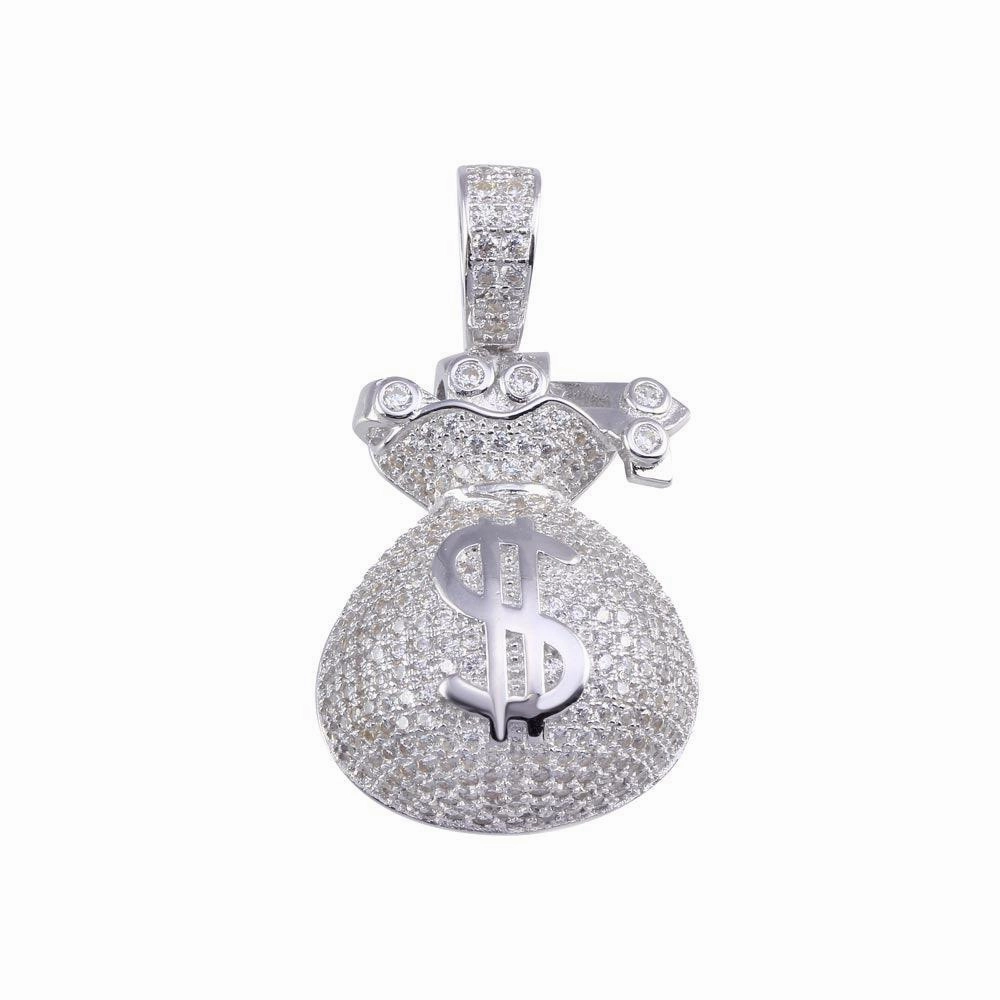 Rhodium Plated 925 Sterling Silver CZ Money Bag Hip Hop Pendant - SLP00203RH
